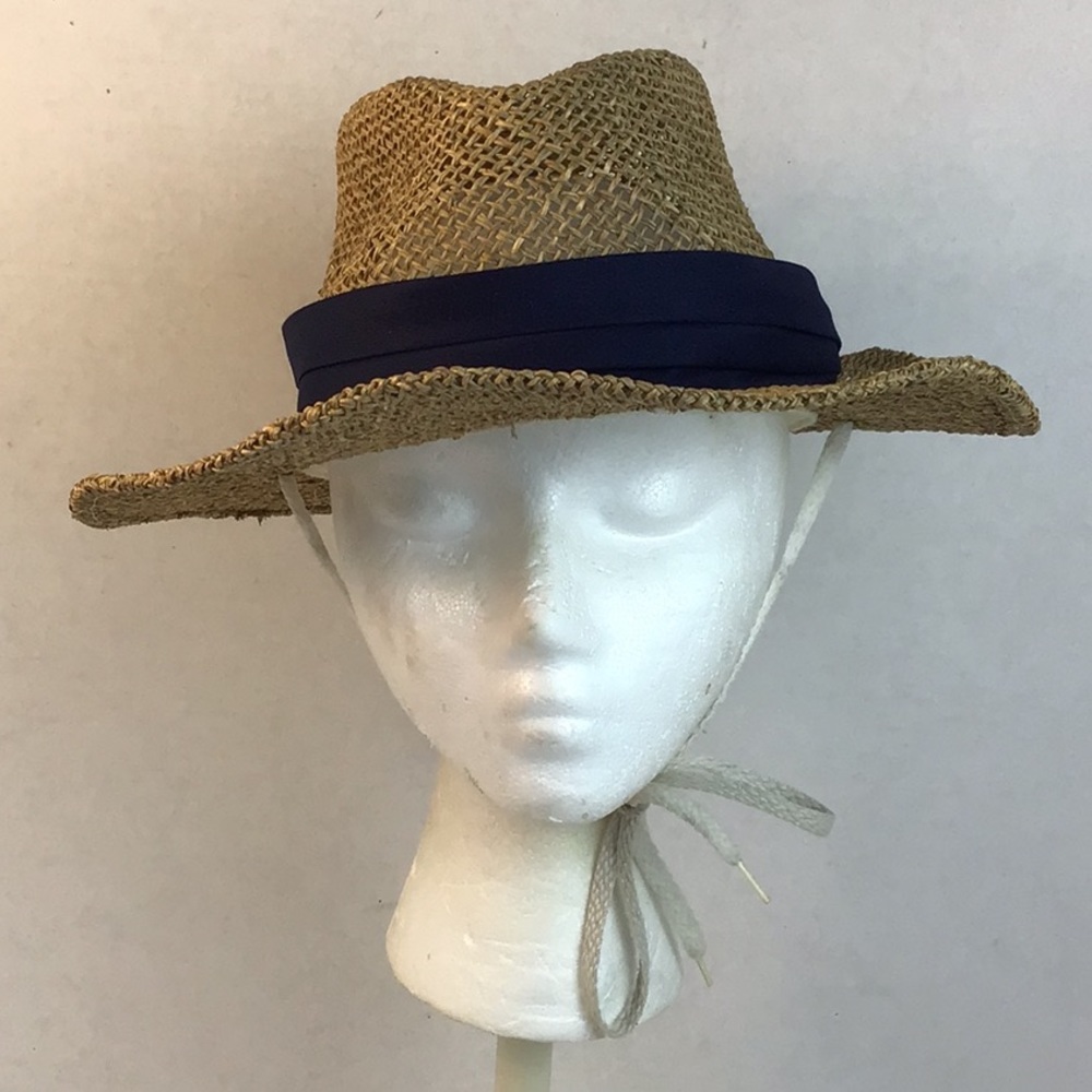 The Cap Seagrass Woven Sun Hat With Navy Band And Removable White Chin Strap